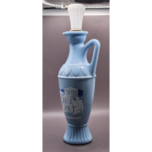 Vintage 1961 Jim Beam Blue Milk Glass Greek Chariots Bottle Empty Decanter - Picture 1 of 13